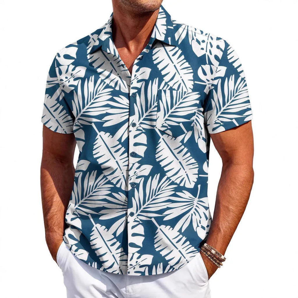 Men's slim fit short sleeve Hawaiian shirt in polyester fabric, shown in one of several available colours.