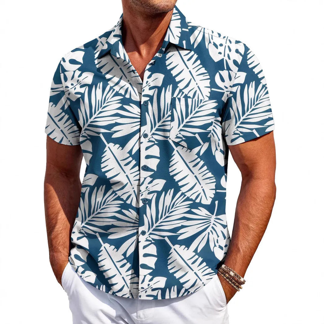 Men's slim fit short sleeve Hawaiian shirt in polyester fabric, shown in one of several available colours.