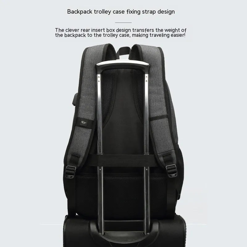 Nylon backpack with USB charging port in black colour showing dimensions and trolley strap