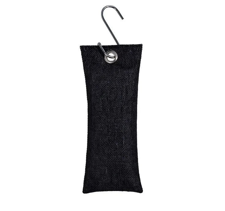 Black, green, grey, and blue bamboo charcoal deodoriser bags for shoes and household odour absorption.