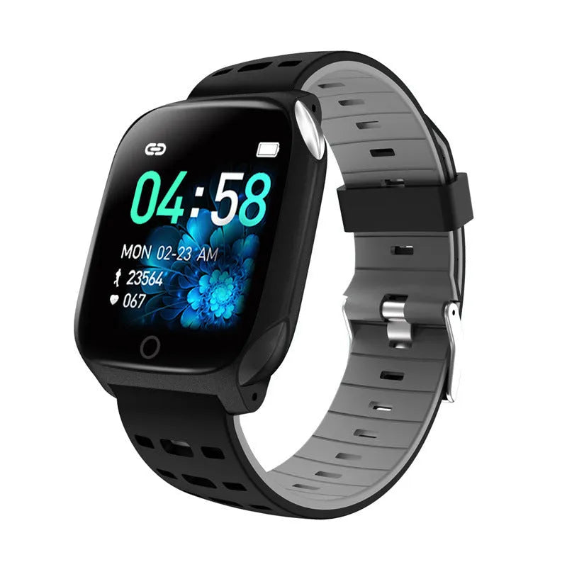 F16 smart watch with ECG monitor on a silicone strap, showing black, grey, green, and red colour options