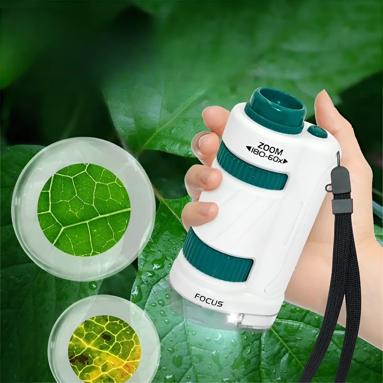 Portable plastic microscope with specimen slides in white-green colour scheme
