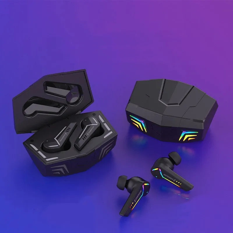 Black TWS Bluetooth sports headset with earplug design on a neutral background.
