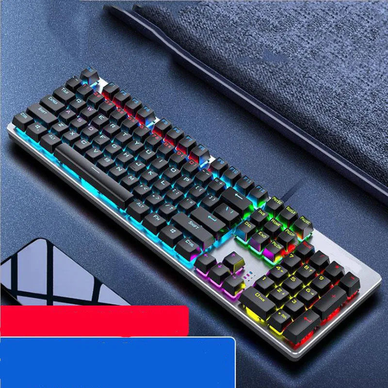 AOC GK410 mechanical keyboard with green switches, metal case, and red backlit keys.