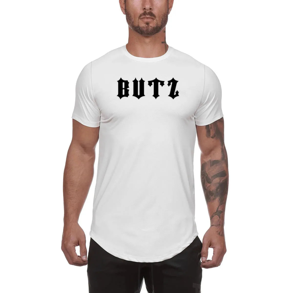 Men's plain custom gym shirt in cotton-spandex blend showing colour and letter print options.