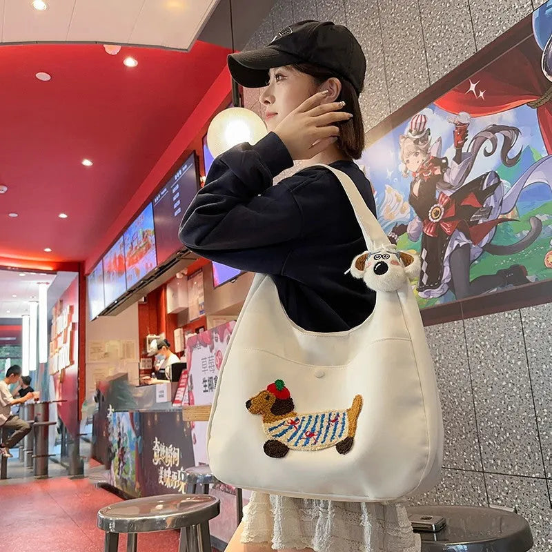 Japanese style large capacity sausage dog nylon shopping bag in black, blue, brown, khaki, and white