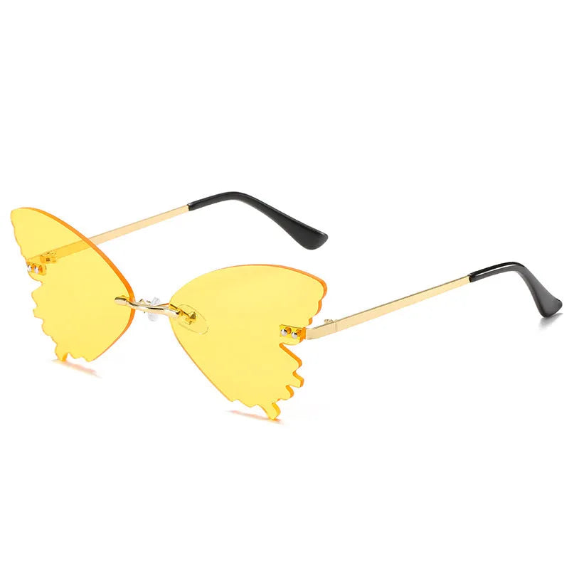 Butterfly rimless sunglasses with UV400 protection, vintage style, plastic and metal frame, available in blue green grey pink purple red yellow
