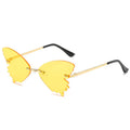 Butterfly rimless sunglasses with UV400 protection, vintage style, plastic and metal frame, available in blue green grey pink purple red yellow