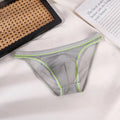 Transparent men's triangle underwear in white, seamless stretch knit nylon fabric, solid colour pattern