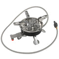 Silver portable stainless steel split camping stove shown unfolded with a 100cm fuel hose.