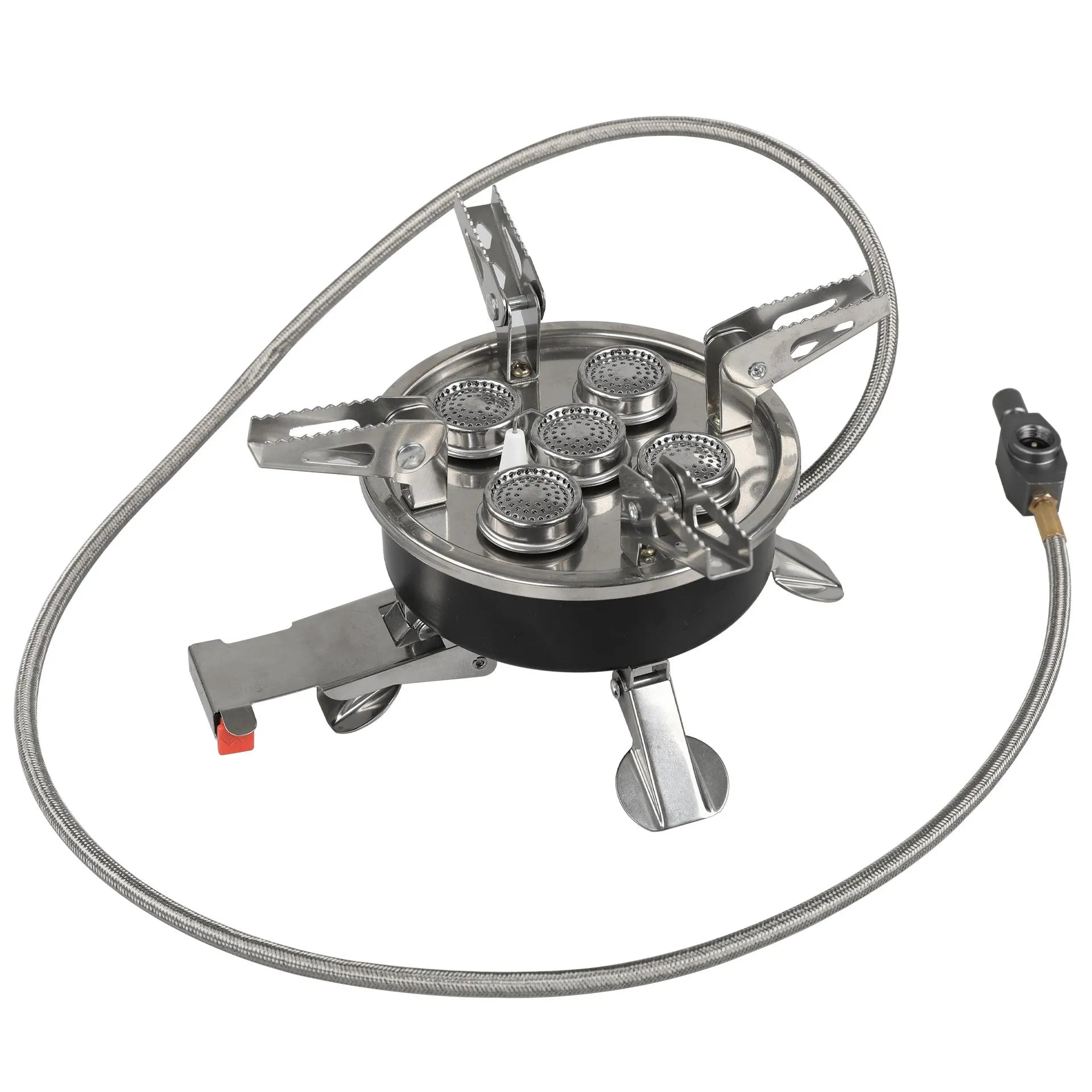Silver portable stainless steel split camping stove shown unfolded with a 100cm fuel hose.