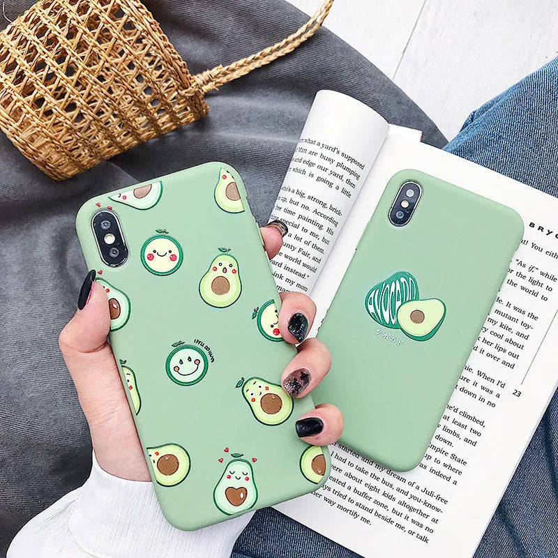 Green cartoon avocado design on a black TPU phone case for Apple iPhone.