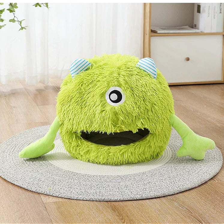 Fluffy round plush cat bed with a non-slip base in three sizes: small, medium, and large.