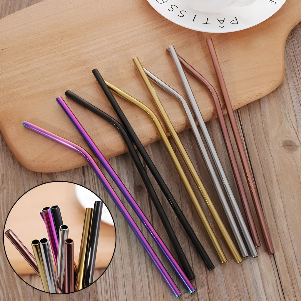 Stainless steel reusable straw set showing straight and bent styles in different diameters with cleaning brush