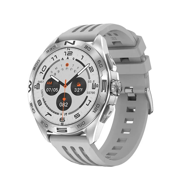 Smart watch displaying health metrics on its IPS screen, shown in a black steel colour variant with a standard strap.
