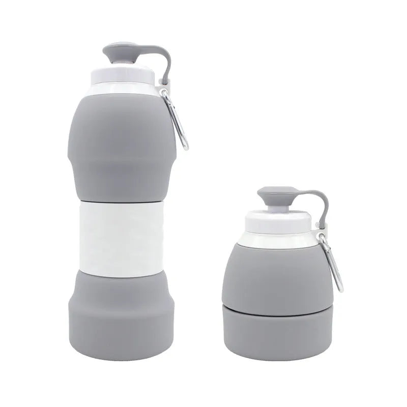 Blue silicone folding water bottle shown at full height and collapsed height next to a backpack