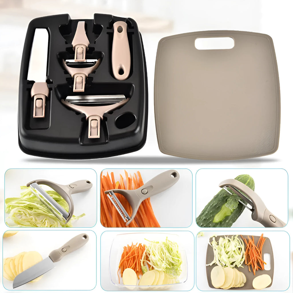 Green eight-piece multi-function kitchen planer set with disassemblable components on a PP base.