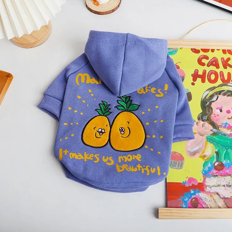 Blue and purple cartoon printed cotton pet hoodie for winter wear