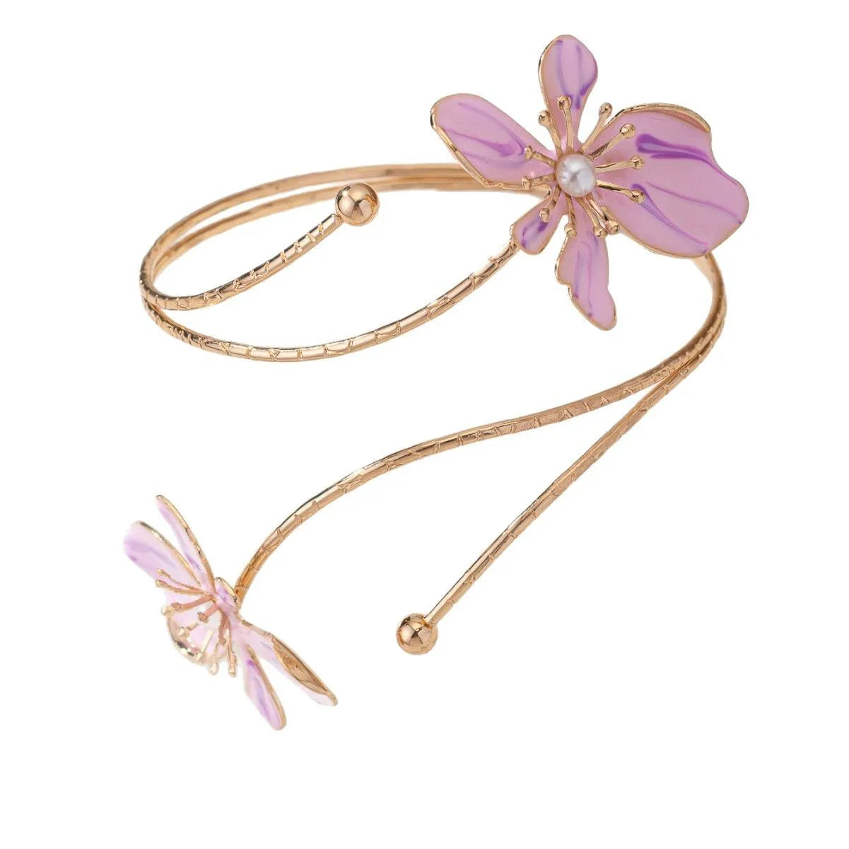 Pink personalised hollow pattern alloy armband open ring bangle on a wrist.