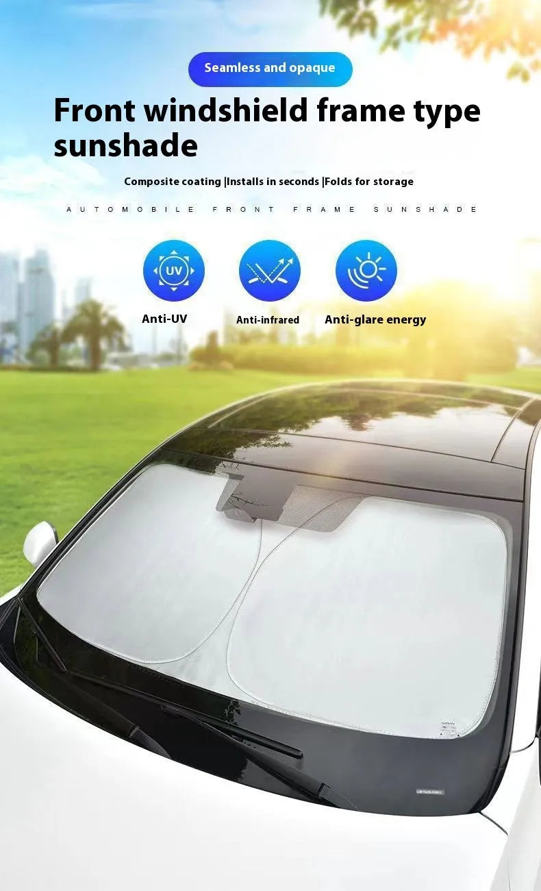 Aluminium foil car sunshade in titanium silver colour, folded flat.