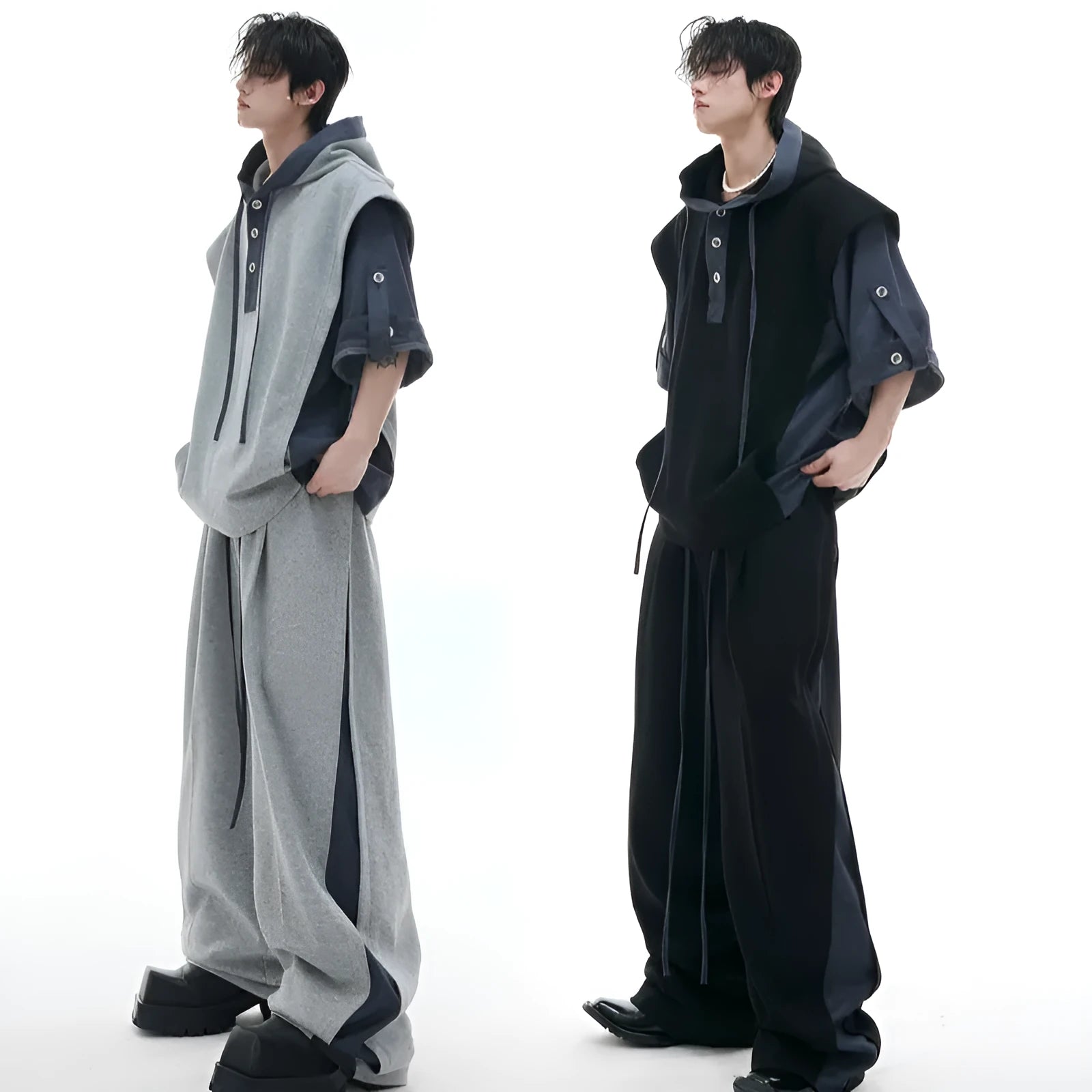 Men's black hooded polyester sports suit with three-dimensional stitching and matching trousers
