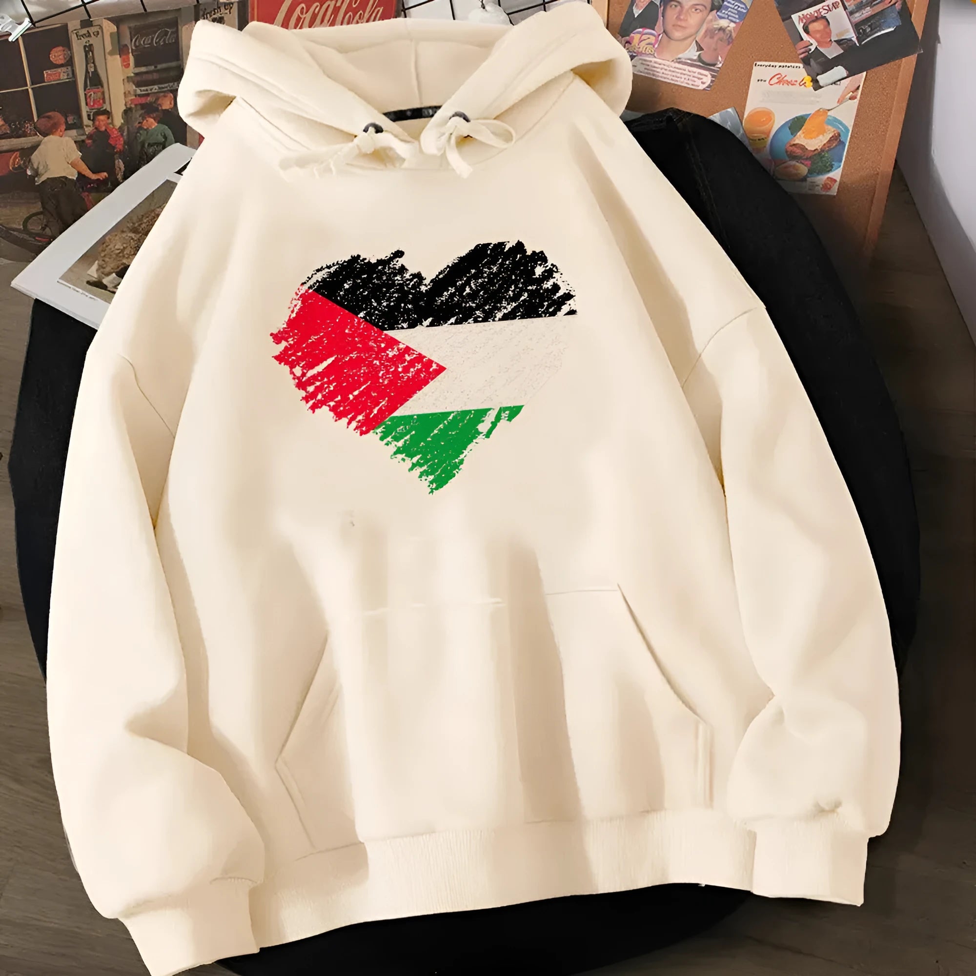 Unisex beige polyester hoodie sweater with regular sleeves and printed design