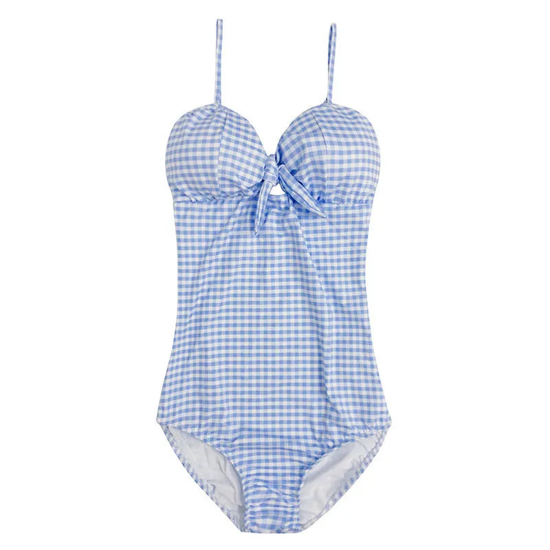 Blue and white plaid one-piece swimsuit for women on mannequin