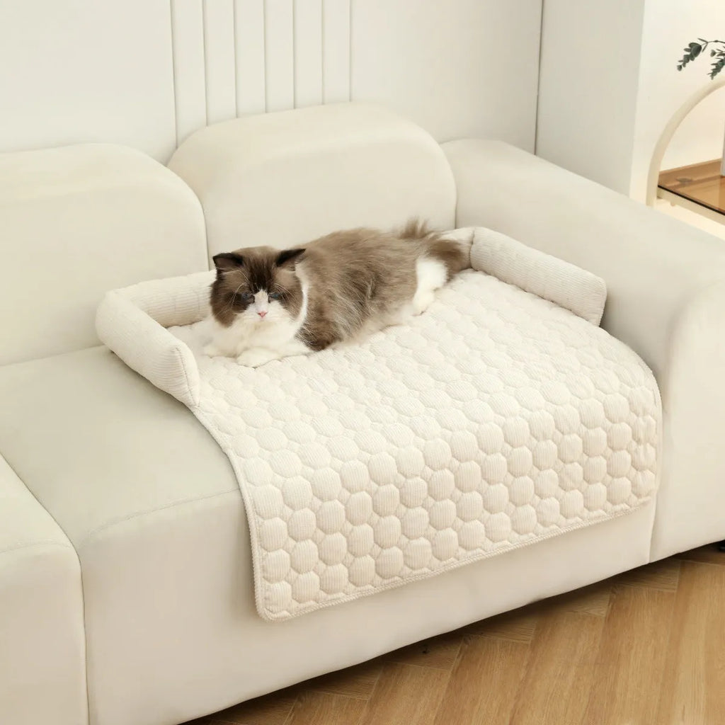 Thick corduroy pet bed mat with neck pillow in beige, 75x75cm, on a floor