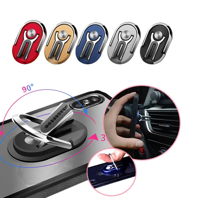 Universal car mobile phone mount bracket attached to car air vent showing adjustable clamp and 360-degree rotation ball joint