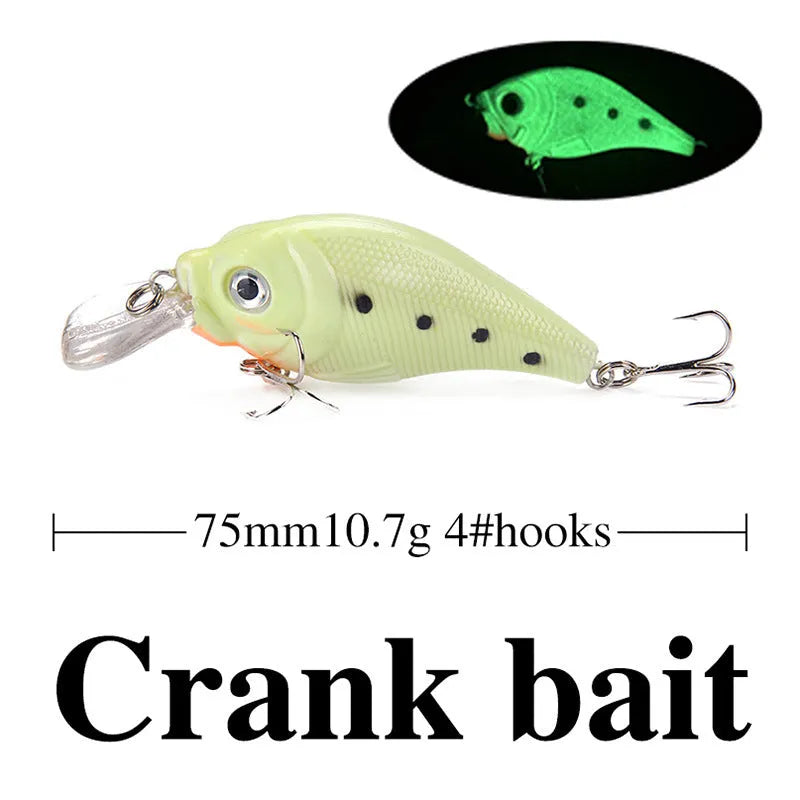Set of five 3D fluorescent hard fishing lures with luminous details on a blue background.