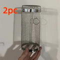 Stainless steel cylindrical rolling barbecue grill basket with wire mesh, shown with a hook.