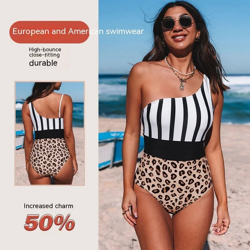 Women's leopard print one-piece swimsuit with asymmetric collar and high-waist brief style.