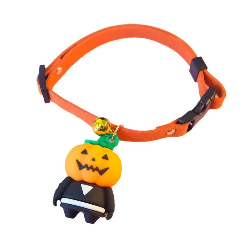 Halloween dog collar decoration showing pumpkin man, luminous brat, and luminous skull cartoon patterns on polyester fabric