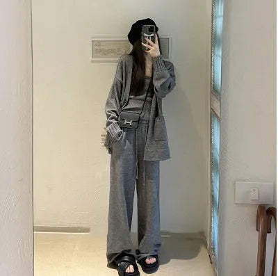 Women's knit cardigan suspender trousers three-piece set in wool blend fabric
