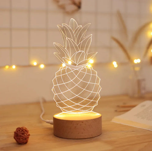 Cartoon pineapple-shaped bedside table lamp made of wood and acrylic with a USB cable.