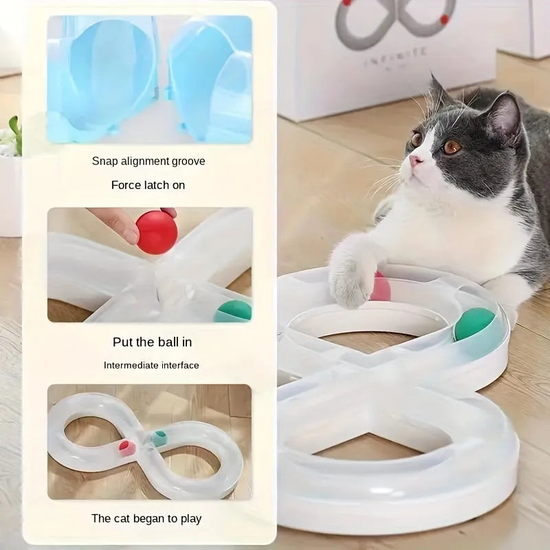 Blue and white cat activity centre with spinning track, ball, and teaser stick