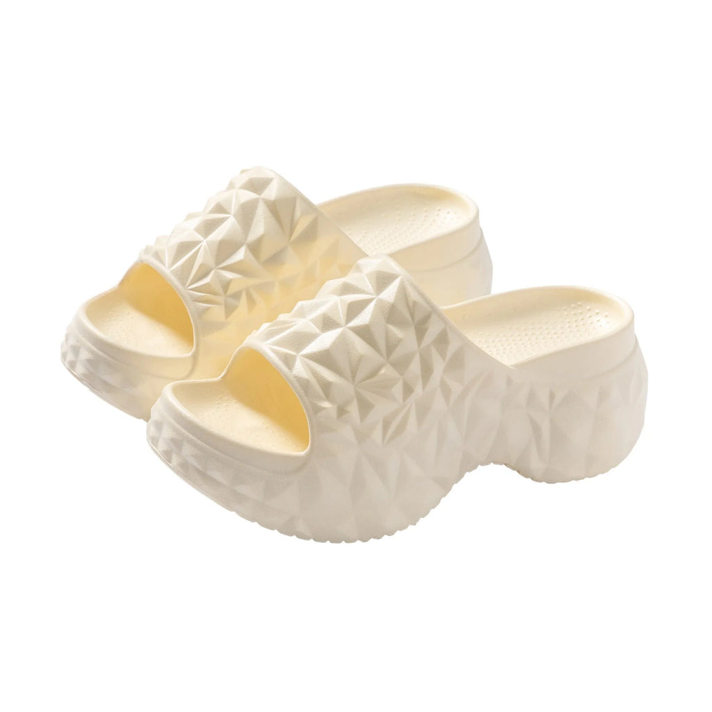 Women's khaki high heel flip flop slippers with a thick moulded EVA sole.