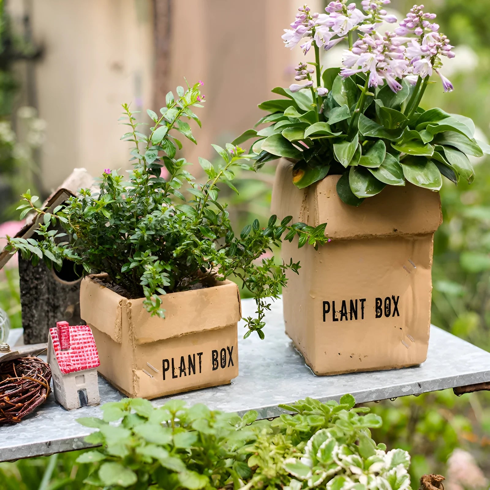 Cement flowerpot with brown paper box finish and drainage holes in bottom