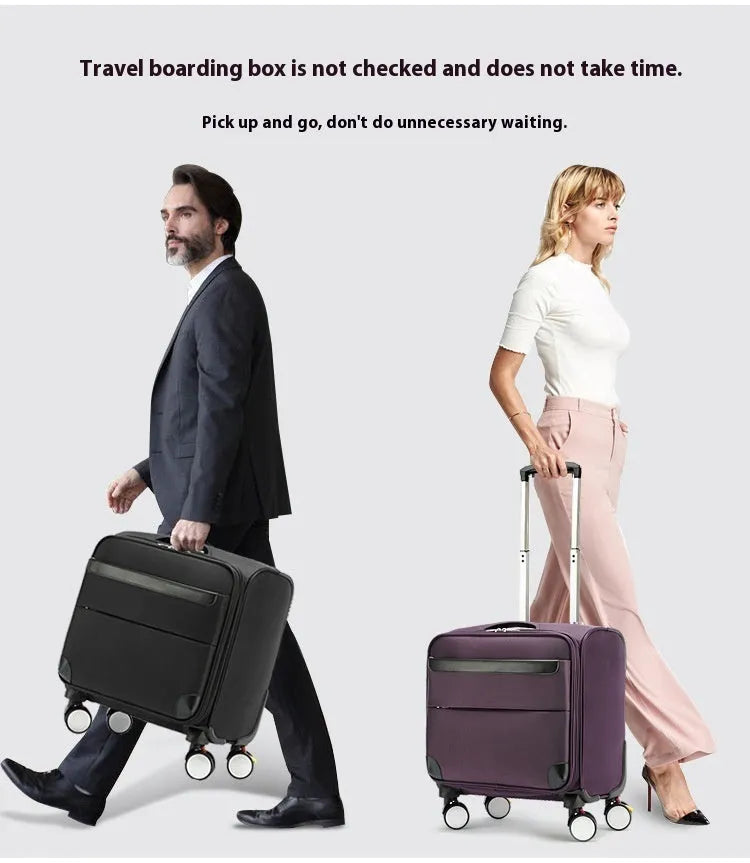 Black 18-inch oxford cloth business luggage suitcase with a retractable handle and wheels.