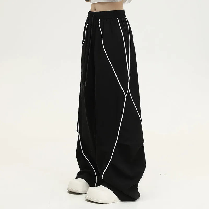 Black striped pleated hip hop wide-leg pants with mid waist and loose fit design