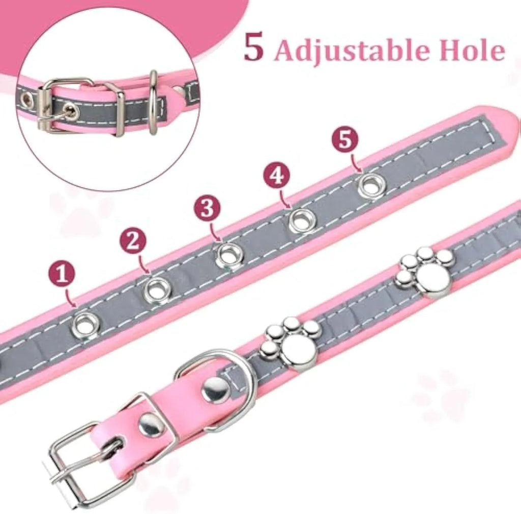 Reflective adjustable PU leather dog collar with metal buckle and paw rivet in multiple sizes.