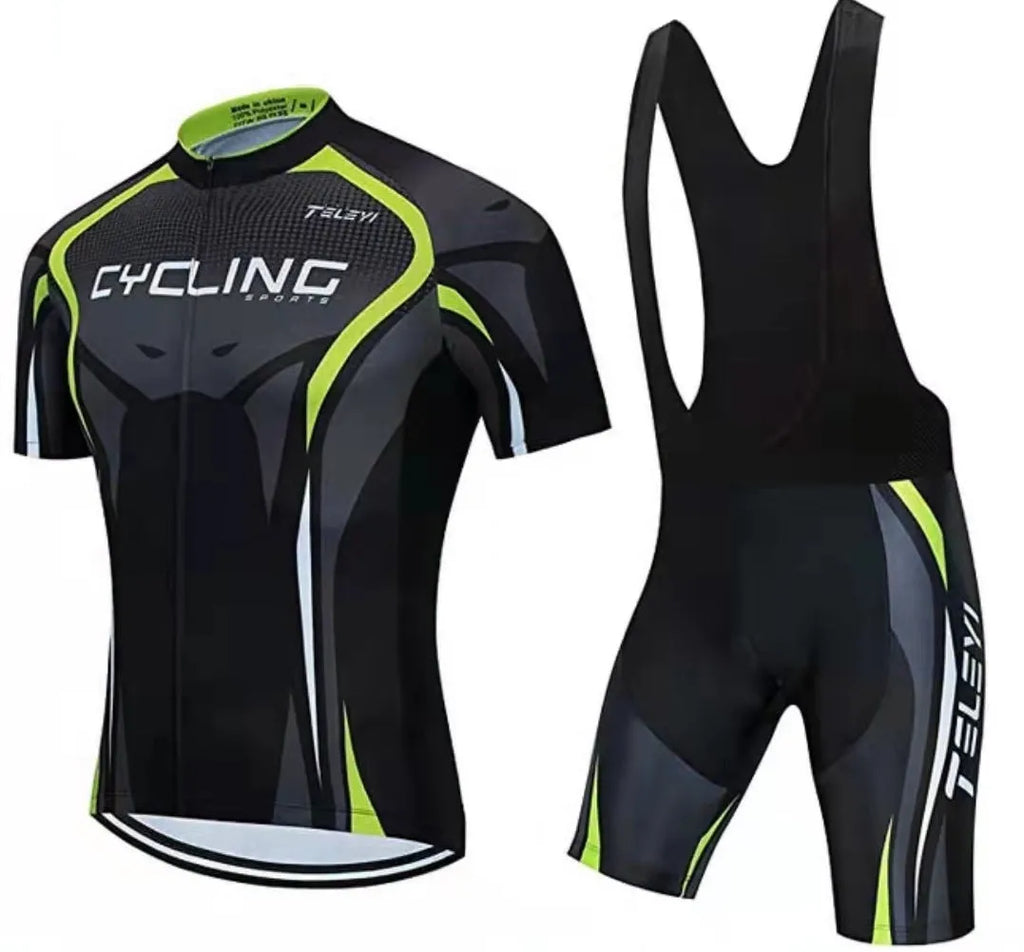 Cycling jersey and shorts set for summer road and mountain bike riding with moisture wicking properties