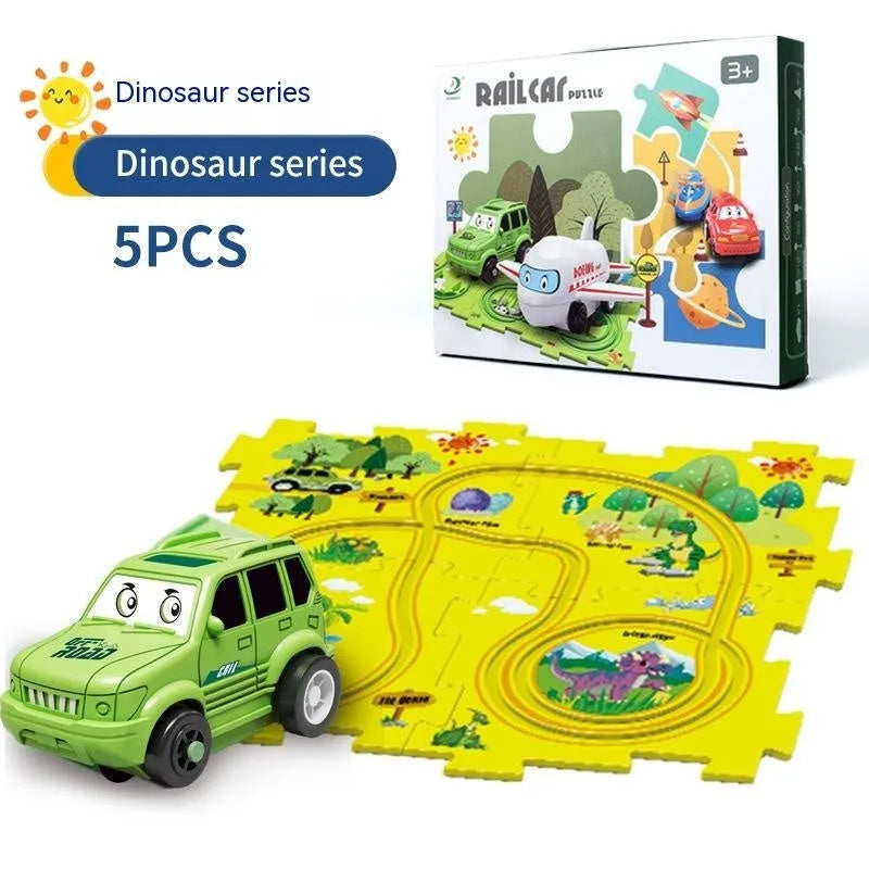 Children puzzle electric railroad speeder with DIY assembly track and automatic car, dinosaur theme