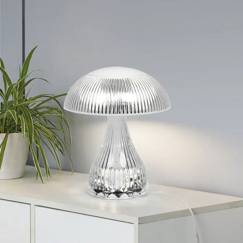 White USB rechargeable acrylic table lamp with three-colour changing LED light, dimensions 20cm by 16cm.