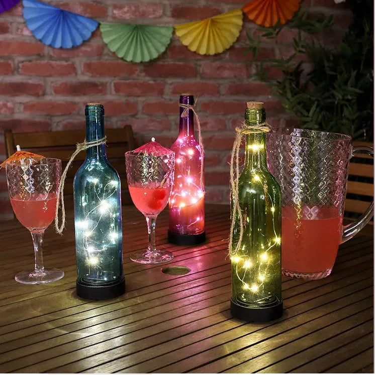 Bendable copper wire LED light string with plastic battery box, showing warm white and white light colour options.