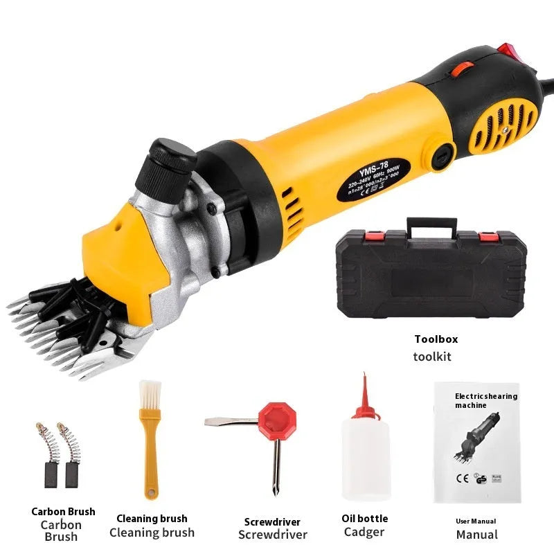 Yellow electric wool shearing machine with 13-tooth cutter and accessories kit for 110V outlet.