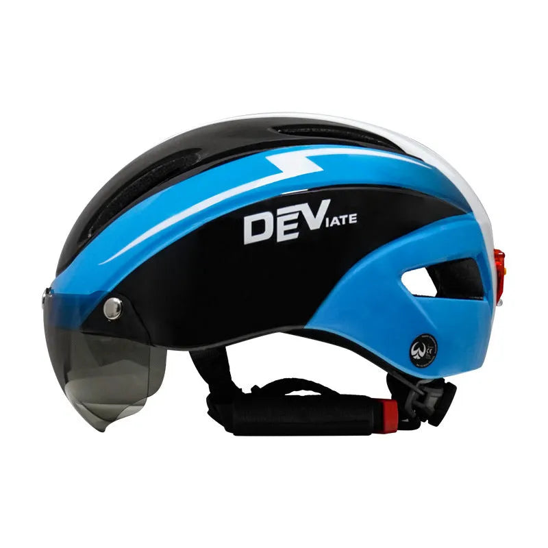 Adult bicycle helmet with integrated rear red taillight shown in a black and blue colour variant.