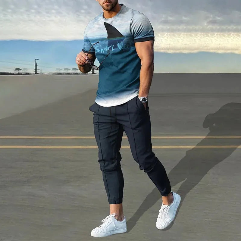 Man wearing a short sleeve round neck pullover and matching trousers from the polyester sports set.
