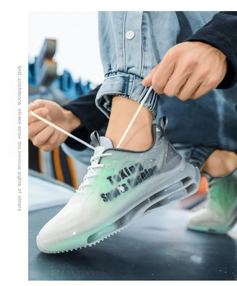 Men's grey orange platform casual trainers with mesh upper and lace-up front.