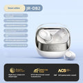 Dawn white wireless in-ear Bluetooth headphones with a matching charging case on a table.